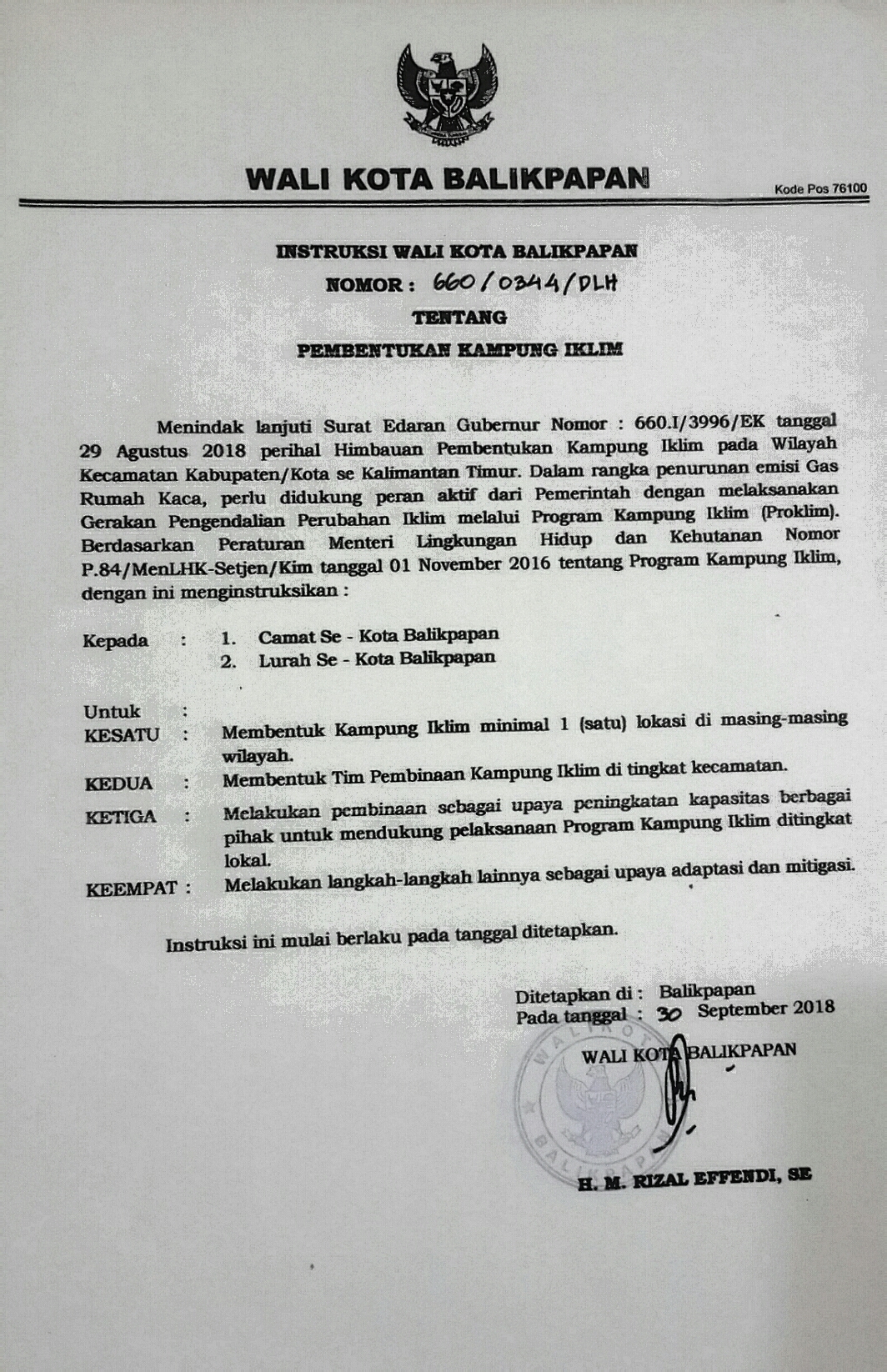 Instruksi Wali Kota Balikpapan tentang Pembentukan Kampung Iklim.